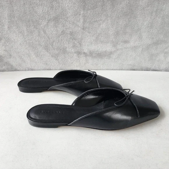 Everlane Ballet Mule Flats Womens Size 9 Leather Black Square Toe Shoes Bow NIB - Picture 7 of 13